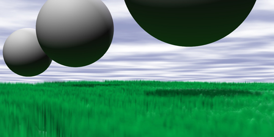 ヘアーサロンで草原を作成した例。球体の影が草原に落ちています。